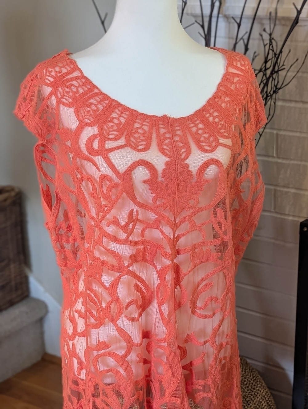 Altar’d State Coral Lace Sheer Tunic Top Boho Festival Overlay Romantic 1X (K)